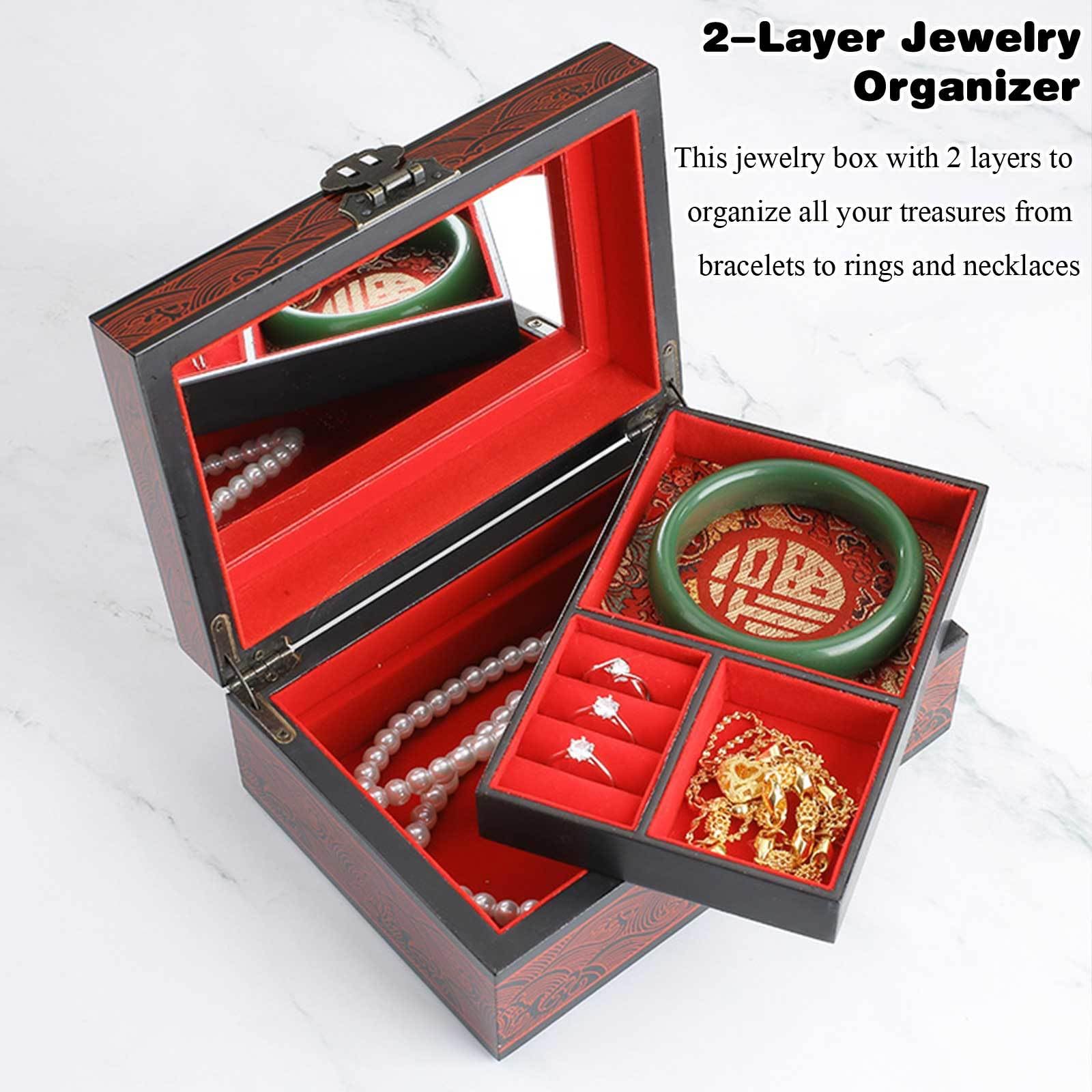 Pudełko na biżuterię, Wooden Jewelry Organizer Box With Mirror 2-Layer Removable Tray Storage Case Multicolor(M)