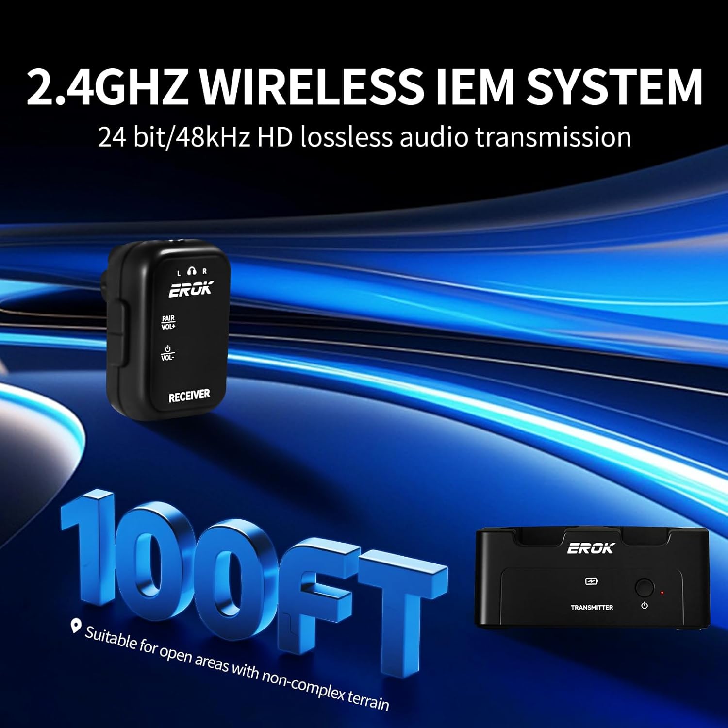 EROK 2.4G Wireless in-Ear Monitor System,Stereo Low Latency,Transmitter with Charging Base & Auto-Pairing Receivers,One-to-More for Home Recording & Small Gigs(1*Set)