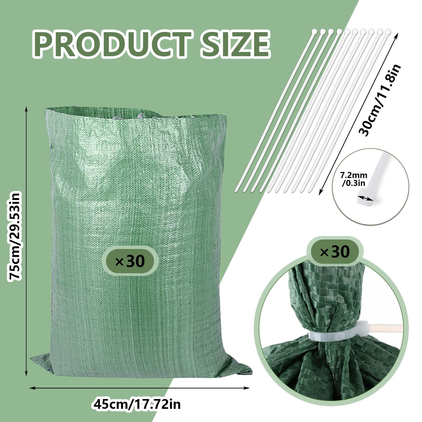 Lot de 30 sacs de sable, 45 x 75 cm, sacs de gravier tissés très résistants en polypropylène tissé pour protection et stockage des déchets de jardin, contre les inondations (vert)