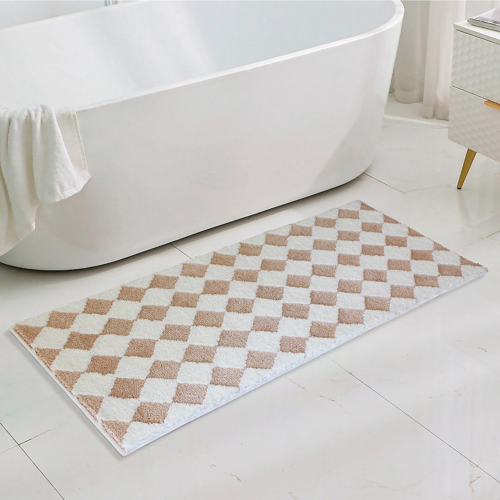 Long Fall Bathroom Runner Rug Cute Khaki Checkered Bath Mat for Bathroom Soft Super Absorbent Non Slip TPR Backing, Quick Drying, Machine Washable Bath Mats for Floor, Shower Sink,47" x 20"