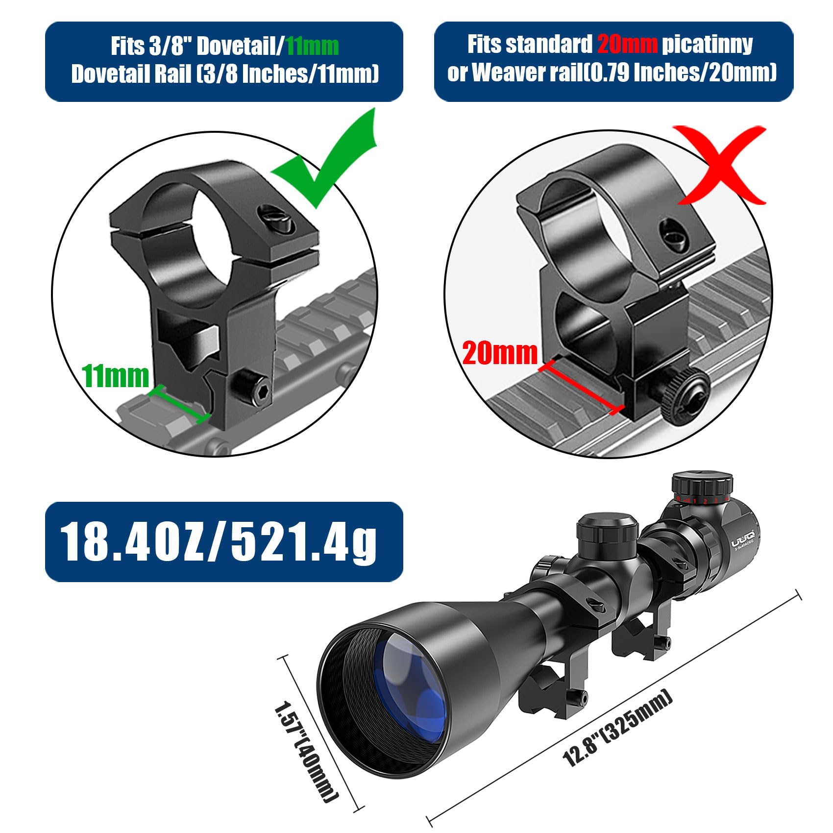 UUQ 3-9×40 Rifle Scope with Red/Green Illumination and Rangefinder Reticle - Includes Batteries, Fits 11mm Free Mounts, Waterproof and Fog-Proof,for Hunting,Airsoft and Pellet Gun