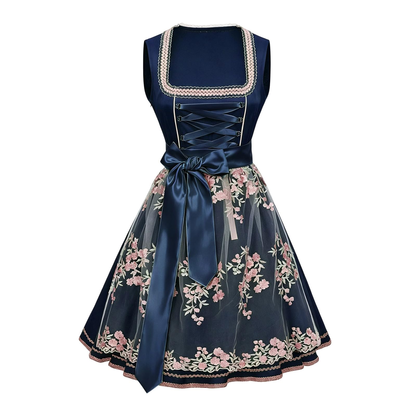 Dirndl Damen Lang Trachtenkleid mit Schürze Trachtenmode für Oktoberfest Dirndlkleid und Volksfeste