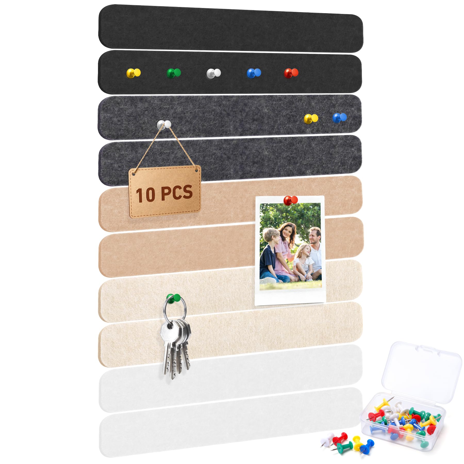 HAUTOCO Felt Pin Board Bar Strips, 10 Self Adhesive Notice Board with 20 Push Pins, 33X5cm Small Bulletin Strips for Wall Office Home Bedroom Decor, Corkboards Alternative-Concrete Mix Tones