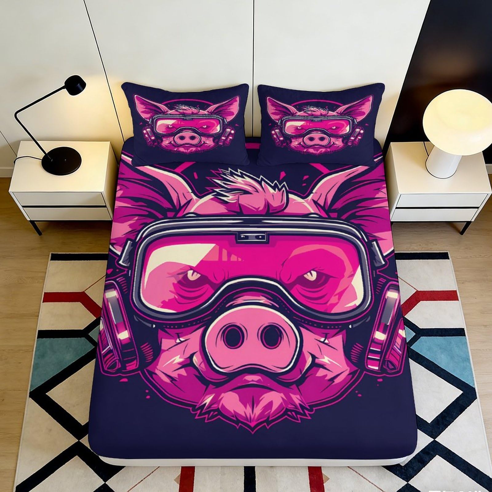 Pnayamiorkfel Style-2 3D Printed Neon Pig Fitted Sheet Microfiber Soft Breathable Headphone Animal Mattress Cover For Bedroom Decor 90X200x25cm
