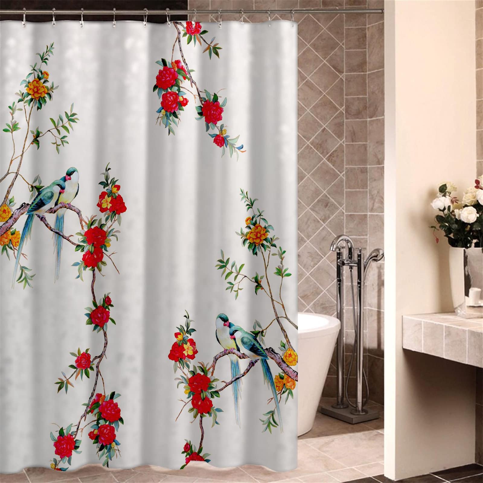Duschvorhang 180x200cm ,Duschvorhänge Wasserdichter Anti-Schimmel Shower Curtains mit 12 C-Ringe,Verdickter Stoff,Waschbar Stoff Polyester 3D Duschrollo Badewanne Badezimmer Dekor Rote Blumen-Vögel