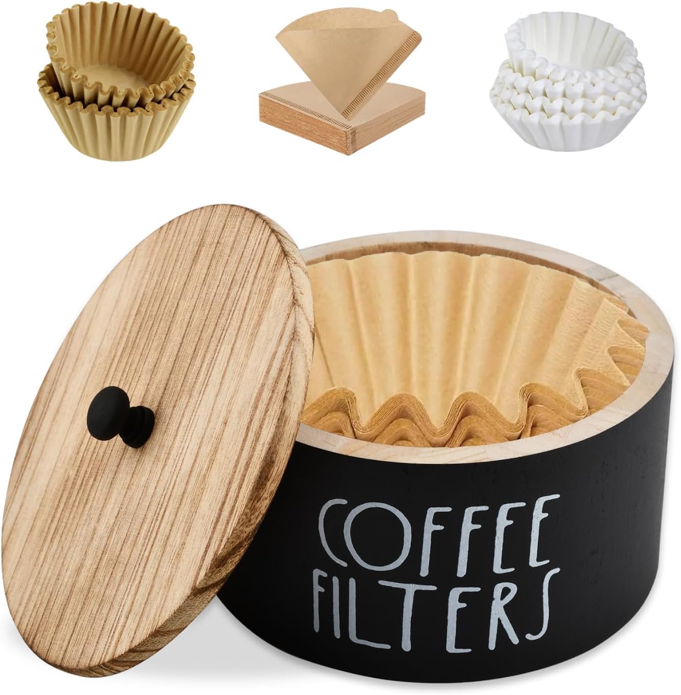 Wood Coffee Filter Holder with Lid - Rustic Farmhouse Storage Basket for Coffee Filters, Pods, & Tea Bags, Multi-Use Countertop Organizer for Bar & Kitchen