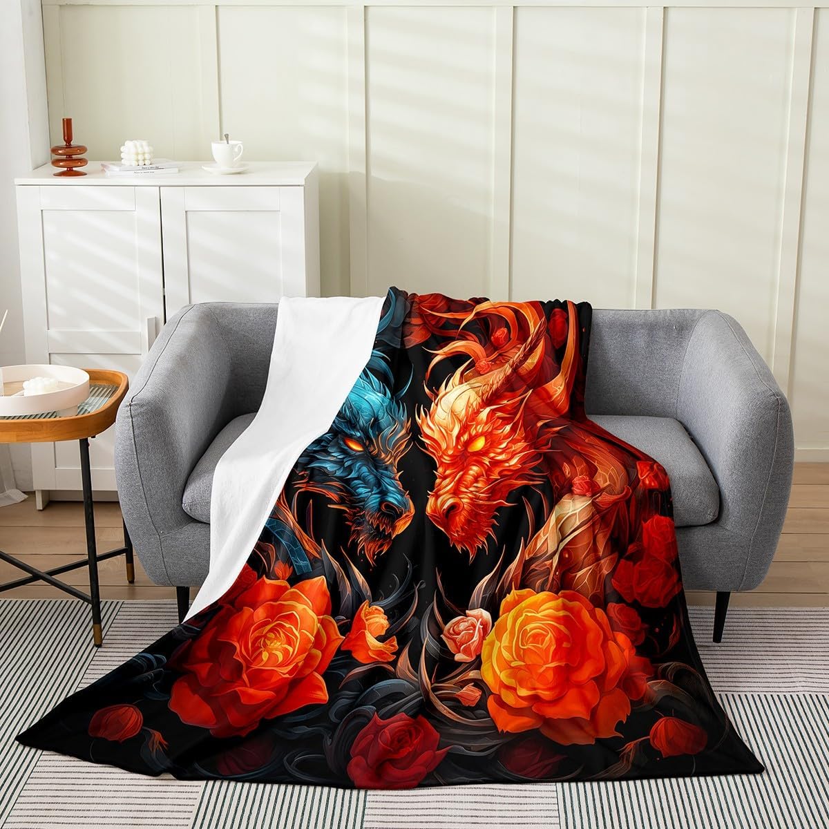 Feelyou Dragon Fuzzy Blanket Queen 90"x90" Boys 3D Digital Print Flannel Fleece Throw Blanket for Sofa Couch Kids Ancient Wildlife Rose All Season Bed Blanket Flower Red Black Plush Blanket Room Decor
