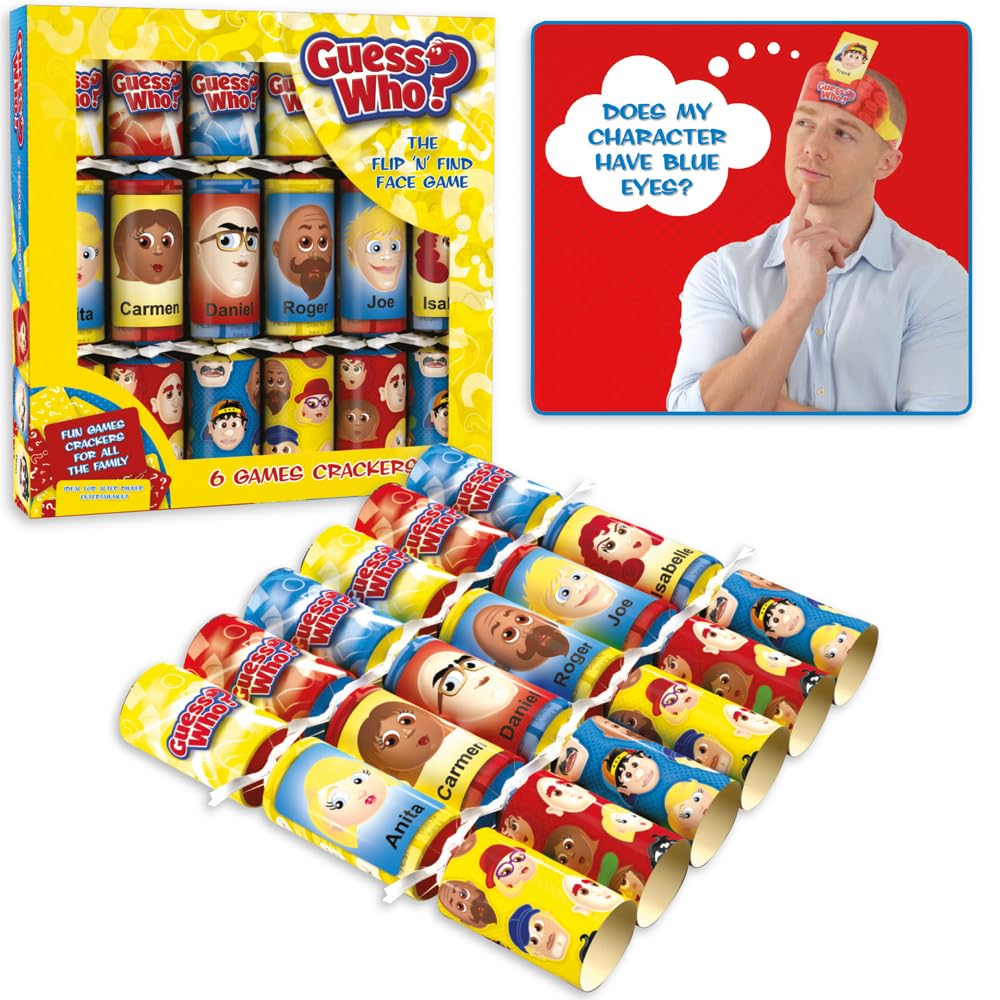 Quickdraw Assorted Guess Who Christmas Crackers Pack Of 6 – Officially Licensed Family Game Crackers With Hats, Jokes, Snap & Character Face Cards – Fun Party Game For Kids & Adults