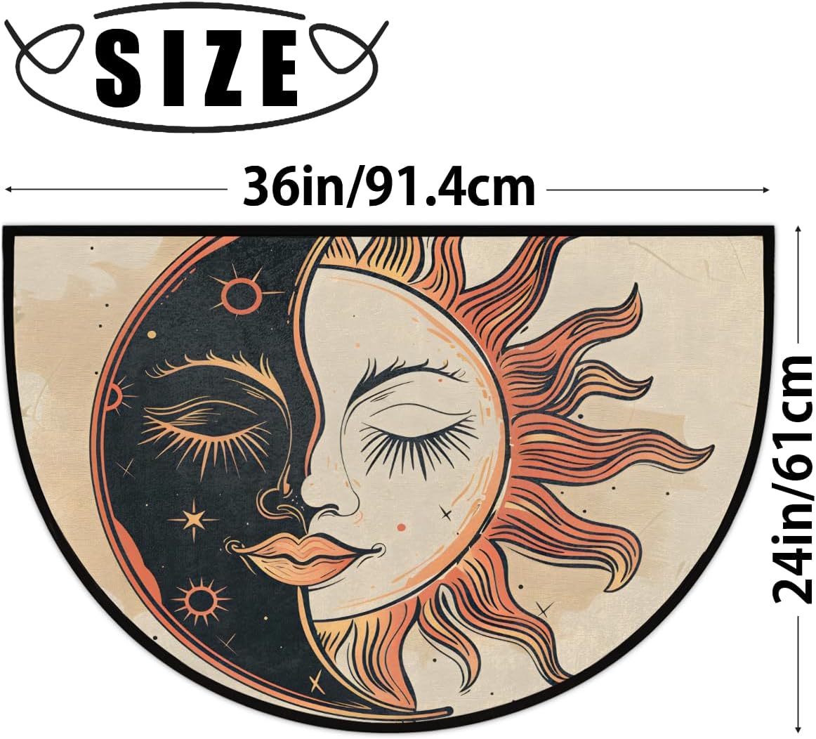 Half Round Door Mat Abstract Moon Sun Half Moon Rug Washable Half Circle Area Rugs Indoor Entrance Non Slip Semi Circle Bathroom Rugs Floor Carpet for Kithen Bedroom Fireplace Decor