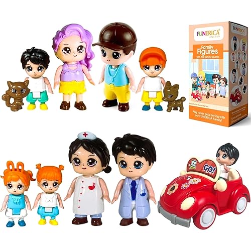 FUNERICA Dollhouse People Figures Playset - Dollhouse Family Little People Figures Doll House Accessories Toys -Play People (Family Figures with Car, Pets, Doctor & Nurse)