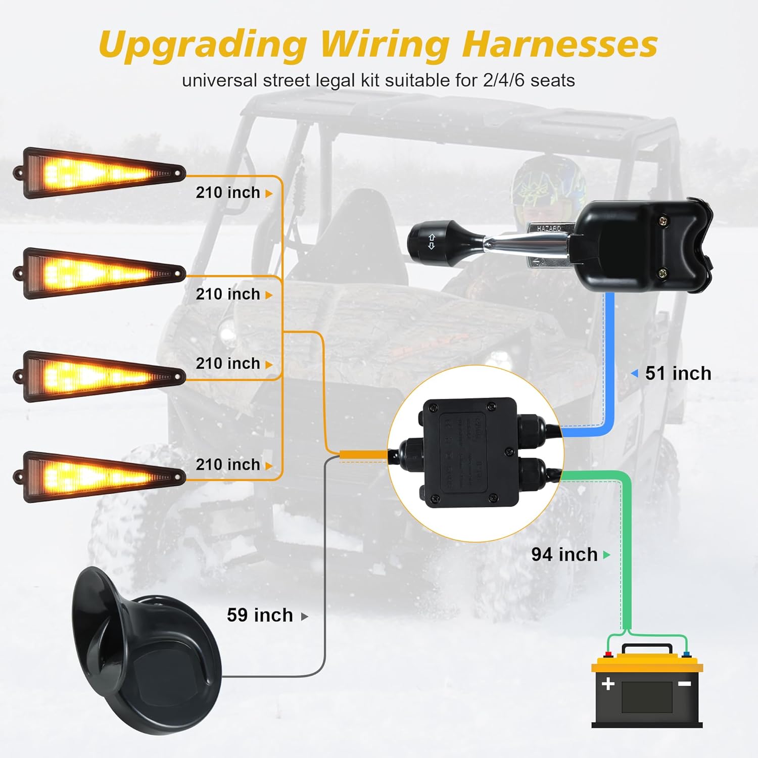 UTV Turn Signal Kit, Plug and Play with 12V Horn, Pre-Wired, UTV ATV Blinker with Column Switch, 4 Triangle Universal Street Legal Turn Signals Compatible with Polaris, Pioneer, Can-Am, CFMOTO