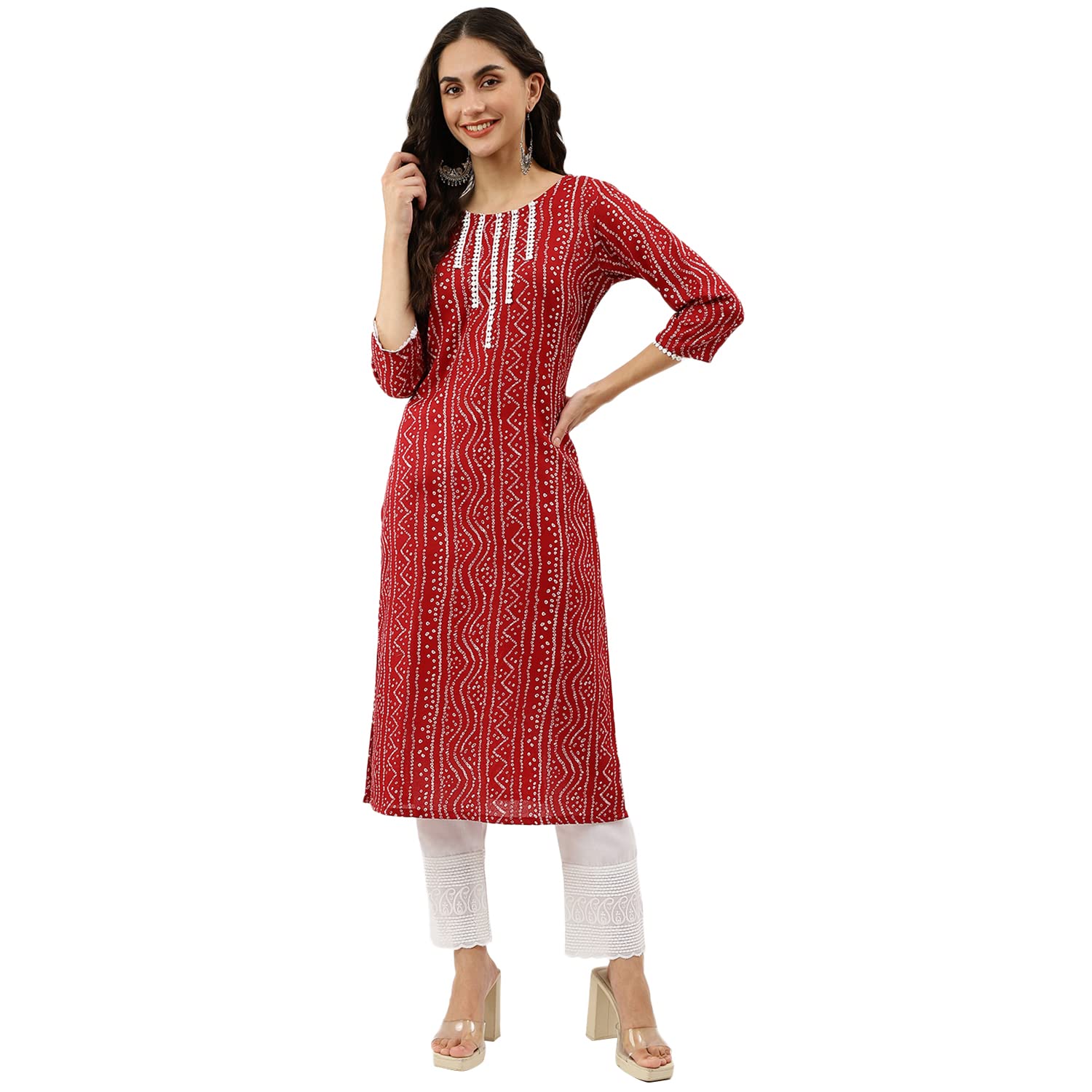 Nainvish Women's Cotton Blend Lace Work & Mill Printed Straight Round Neck Kurta (Sd357_K-M_Red)