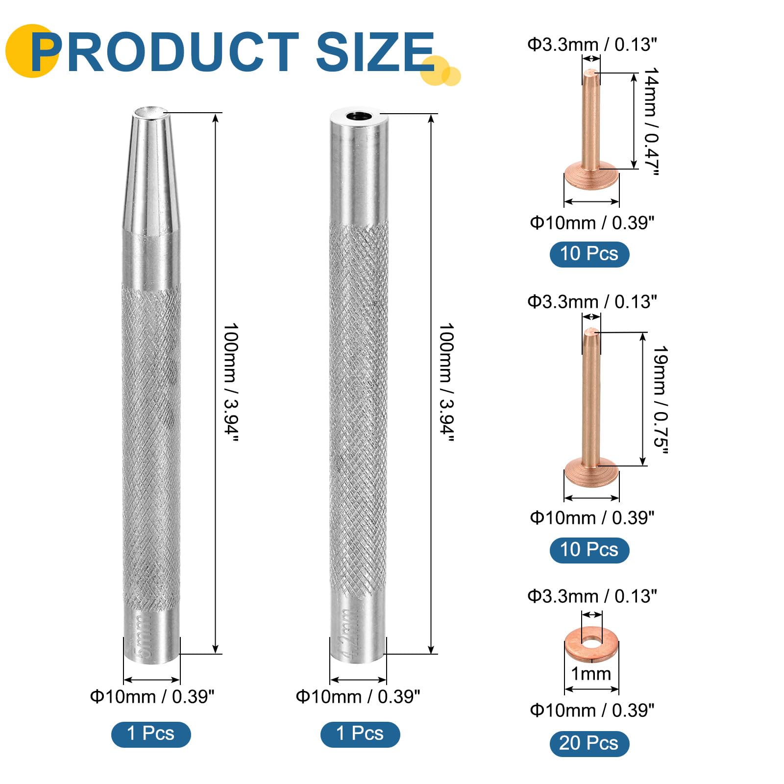 QUARKZMAN 20 Juegos De Remaches Y Arandelas De Cobre, 10x3.3x14mm Y 10x3.3x19mm Remaches De Cobre Sólidos Para Cuero Con Herramienta De Perforación Para Suministros De Artesanía DIY, Cobrizo