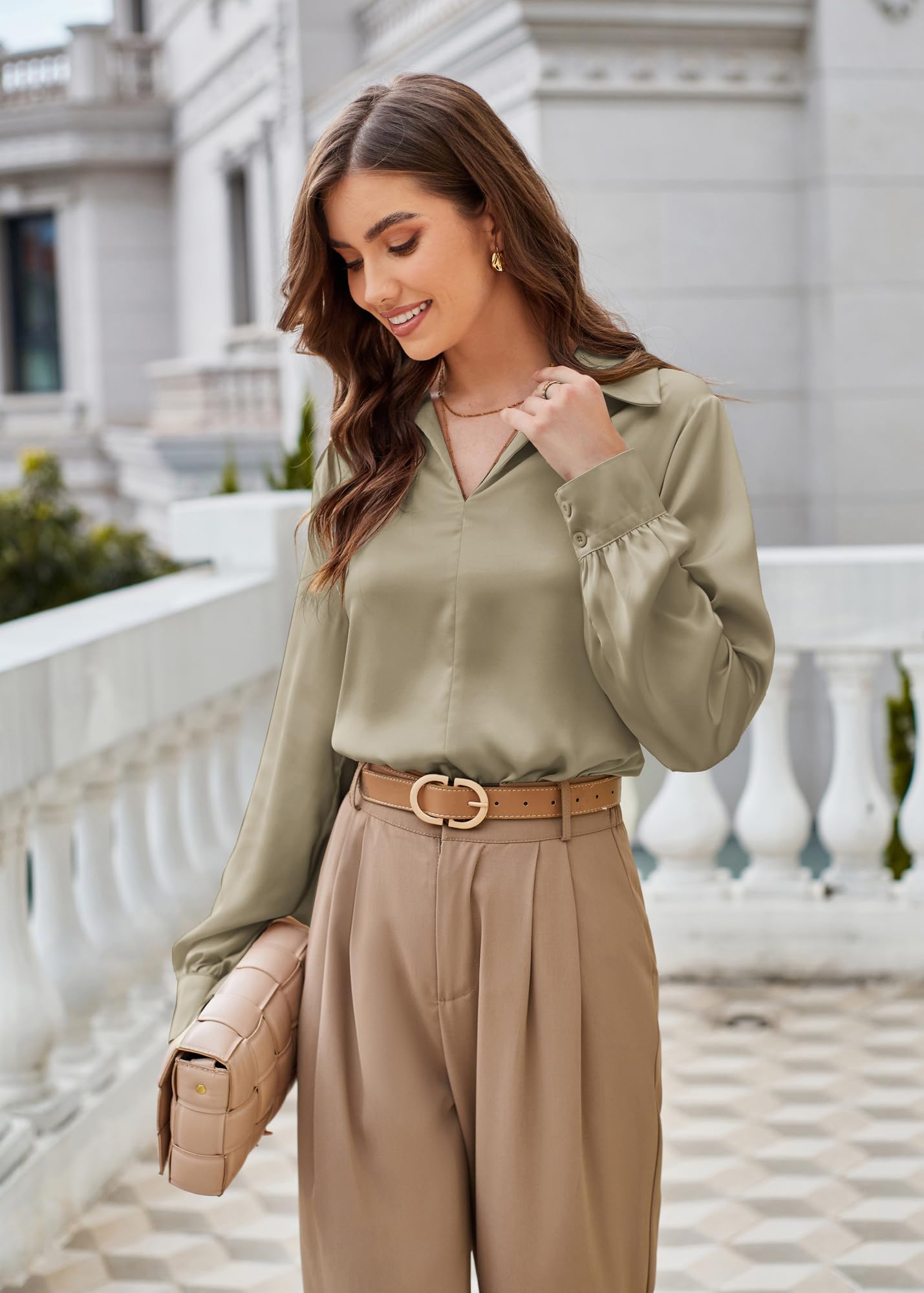 khaki satin blouse