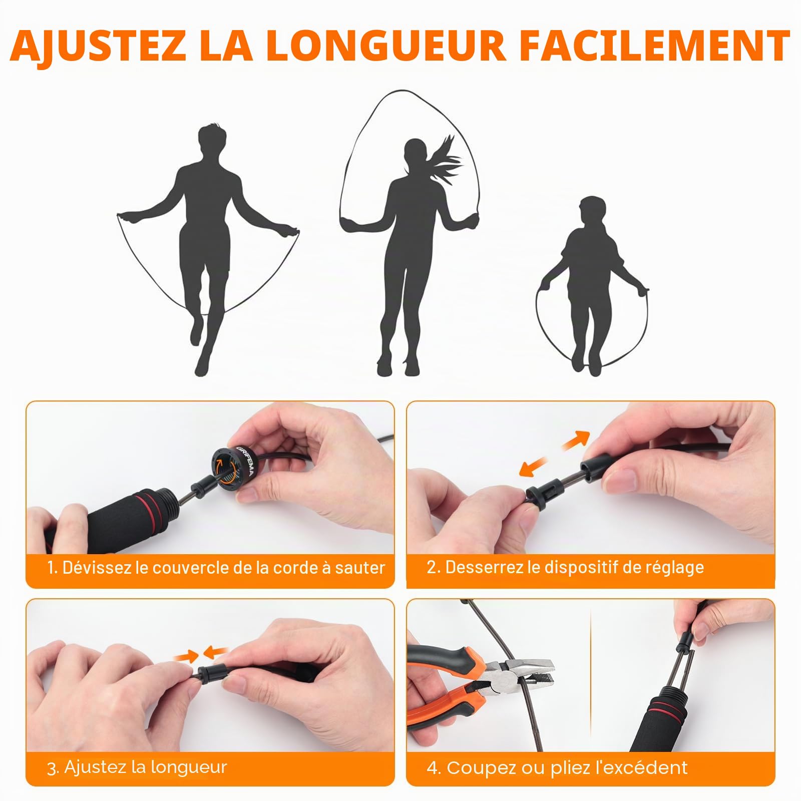 GRIFEMA GA5004 Corde à Sauter Poignée Mousse Antidérapante Fitness Musculation Noir
