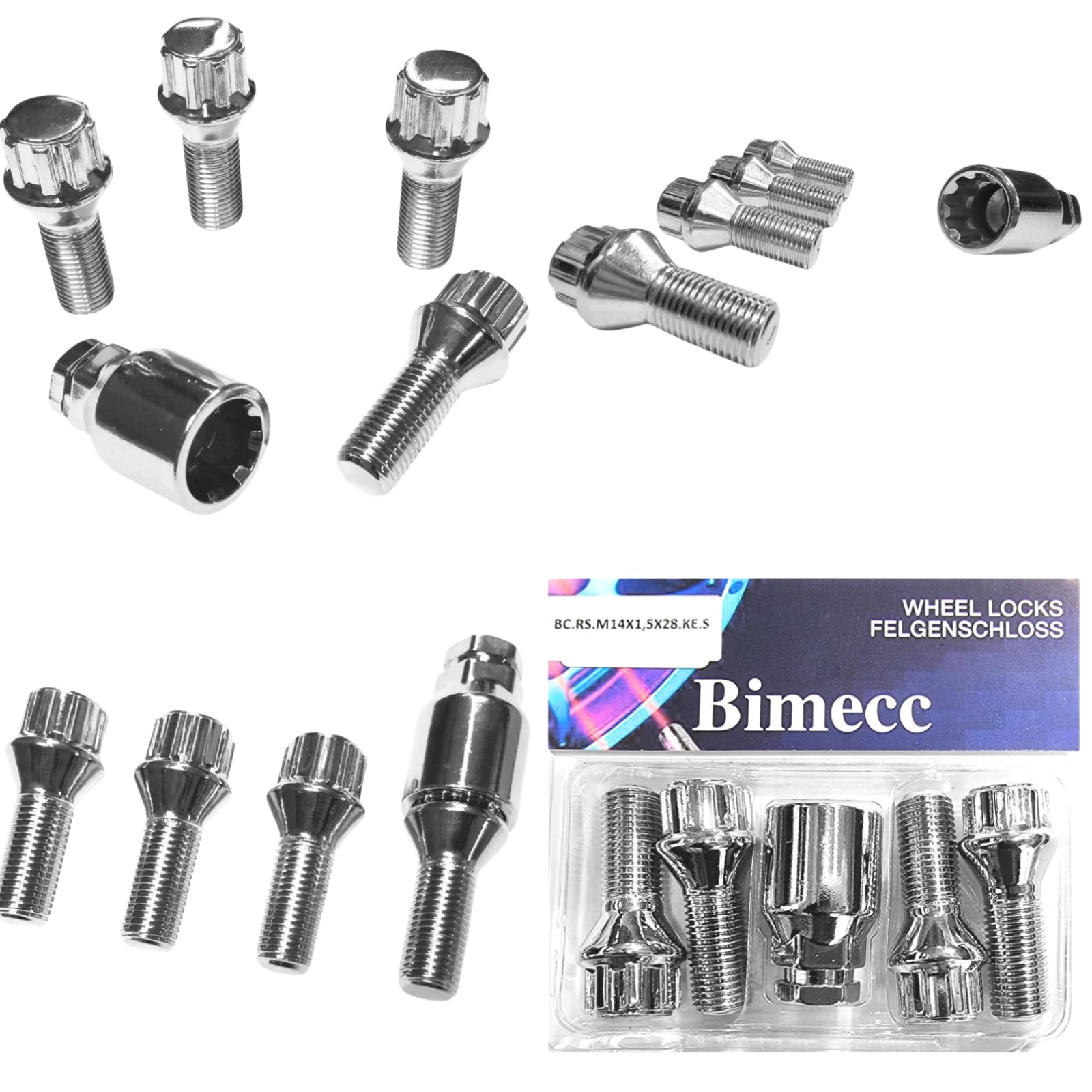 Blokada do felg M14 x 1,5 x 28 mm, taśma stożkowa 60°, 4 srebrne zamki felg, zestaw 4 sztuk, zabezpieczenie felg, zabezpieczenie przed kradzieżą, śruby do kół, śruby do kół