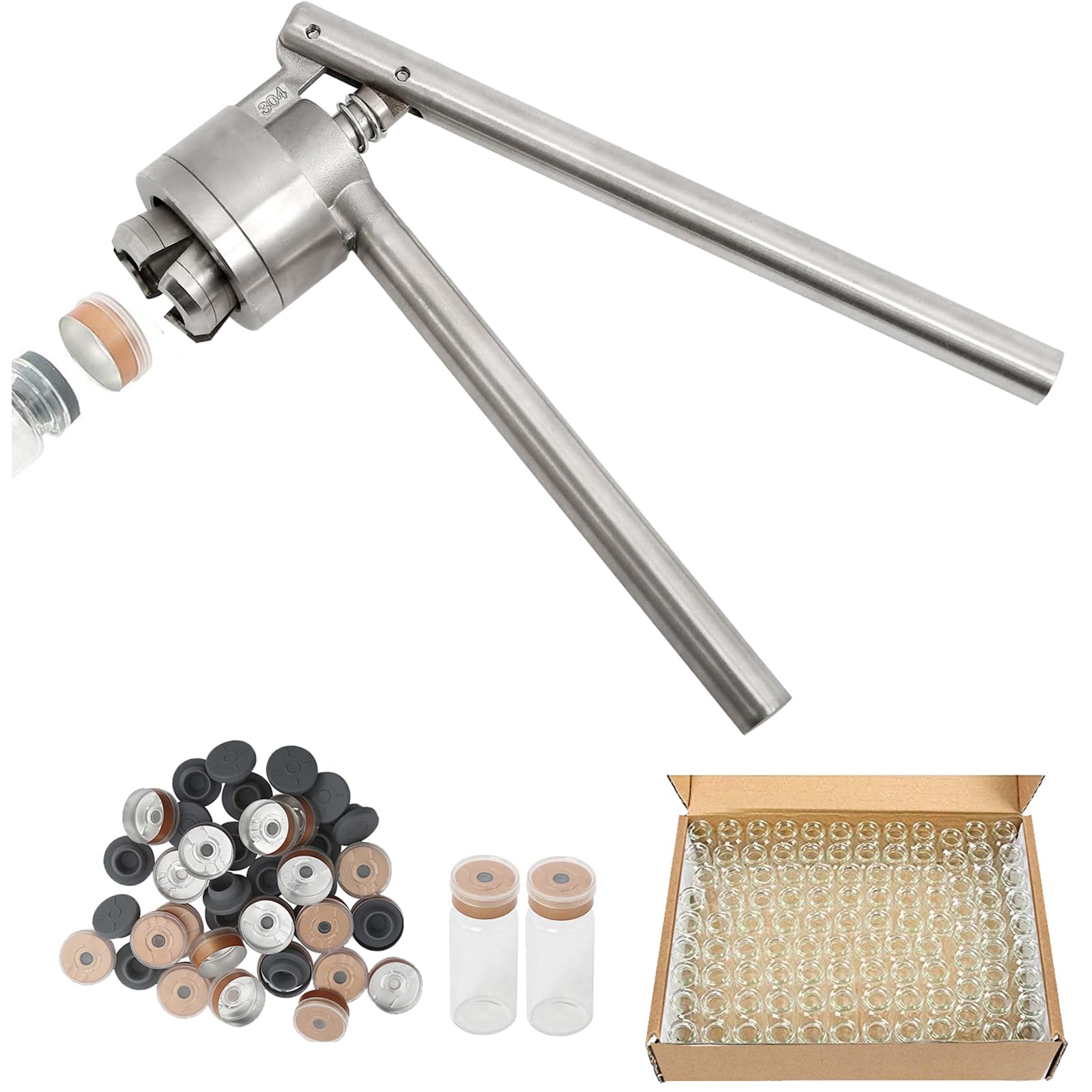 Photo 1 of HighFree Flip Vial Crimper with 100 Pcs Glass Vials & Flip Caps & Rubber Stoppers, Handheld Vial Cap Crimper Medical Bottle Cap Crimping Tool (20mm vial crimper set)