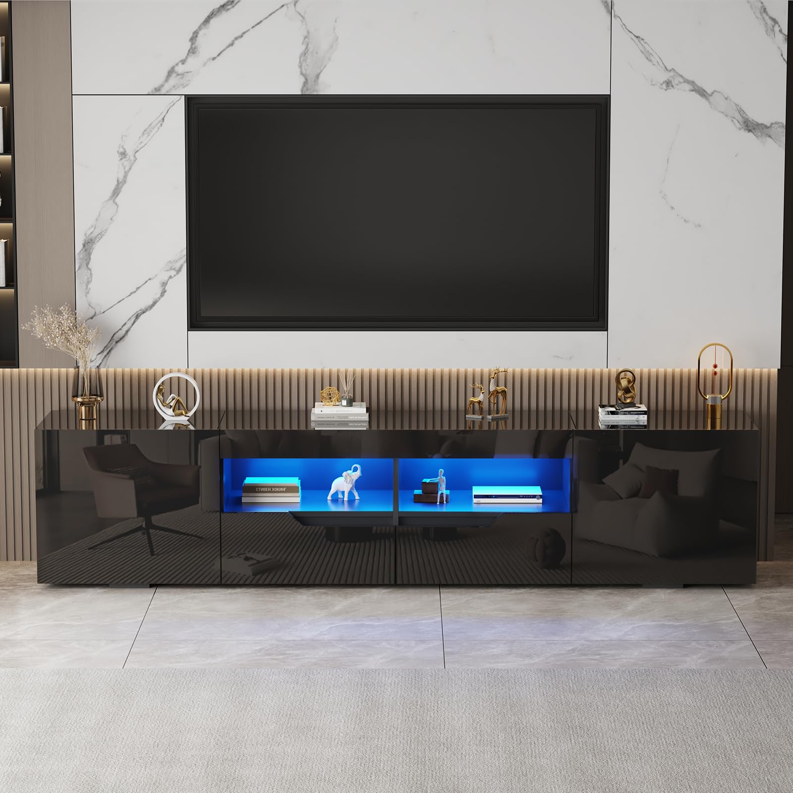 LSLIFE 200zm TV-Schrank mit Stauraum Weiß/Schwarz Hochglanz TV-Möbel mit LED-Leuchten Modernes Entertainment-Möbel für Wohnzimmer Schlafzimmer für bis zu 75-Zoll-Fernseher (schwarz)