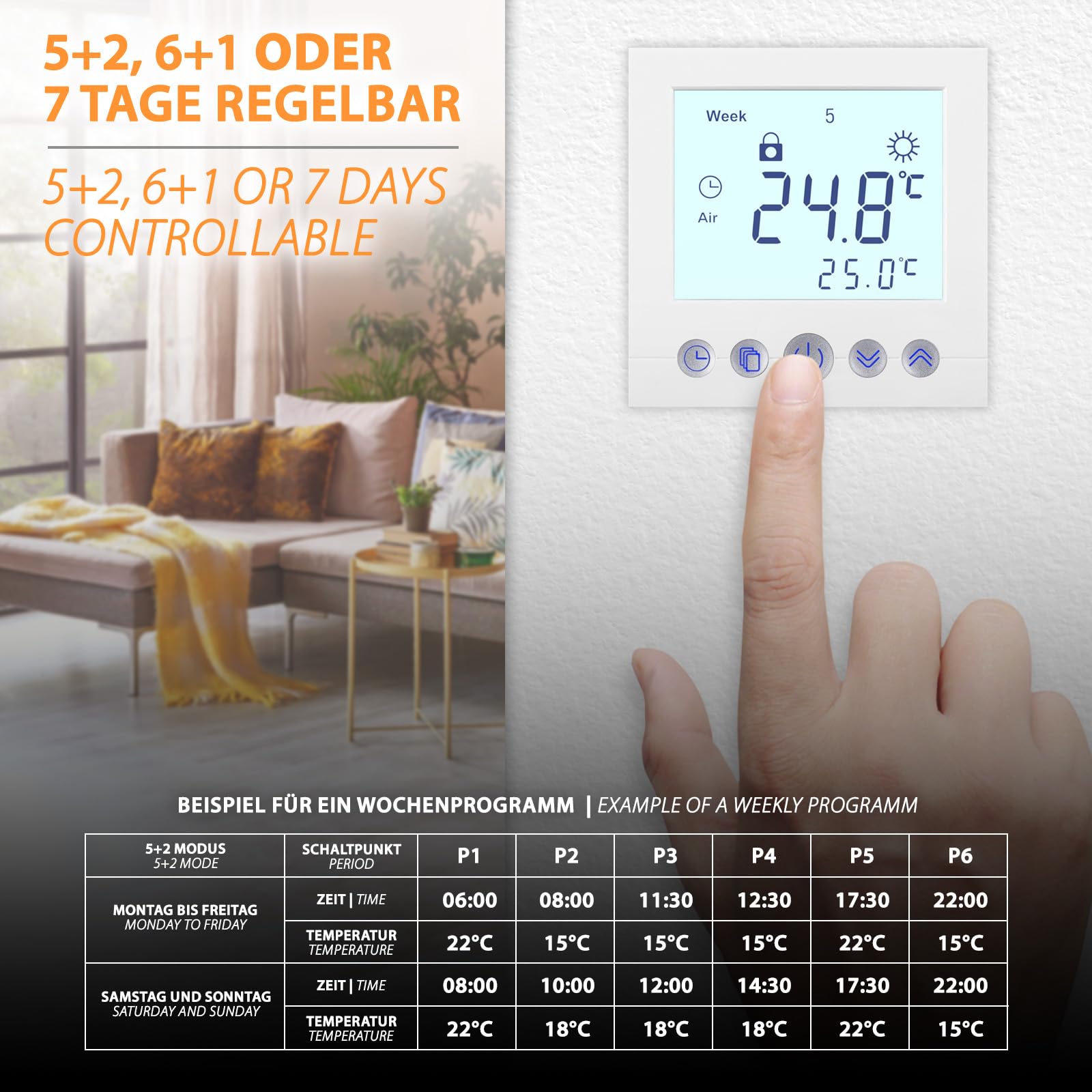 Thermostat numérique encastré blanc avec écran de 8 cm de diagonale - Programmation hebdomadaire - Sécurité enfant - Pour chauffage au sol électrique ou à eau