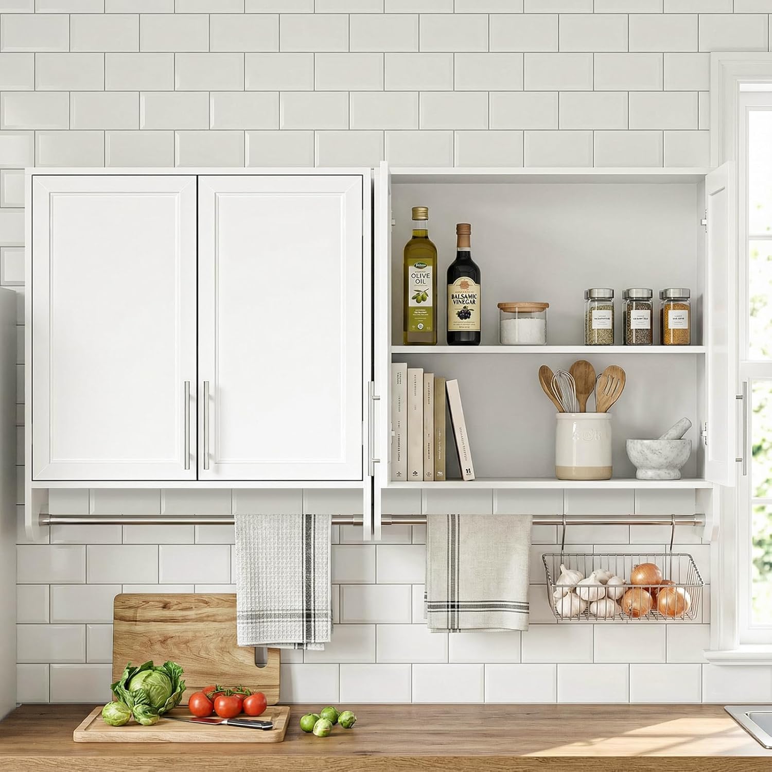 Furnaza 60" W Large Laundry Room Wall Cabinets - Upper Bathroom Wall Amount Cabinet,Storage with Hanging Rod,Adjustable Shelves, Shaker Door Style for Bathroom Kitchen Laundry Room,White