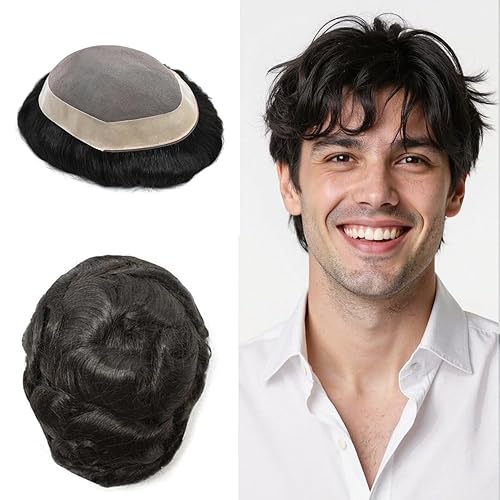 Miniatura 1 de Pieza de cabello humano real para hombre, suave y fino, mono, tupé para hombres, línea capilar natural, sistema de reemplazo de postizo para hombre