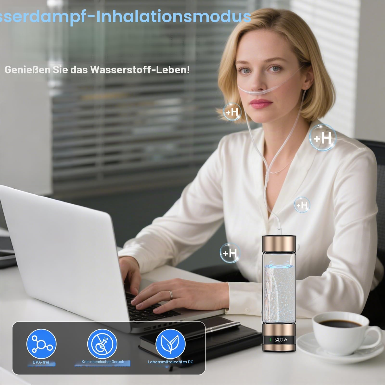 Wasserstoff-Wasserflasche Generator mit PEM-Technologie, Digitalanzeige, H2-Konzentration bis 6,85 PPM, 2025 Neu, Gold