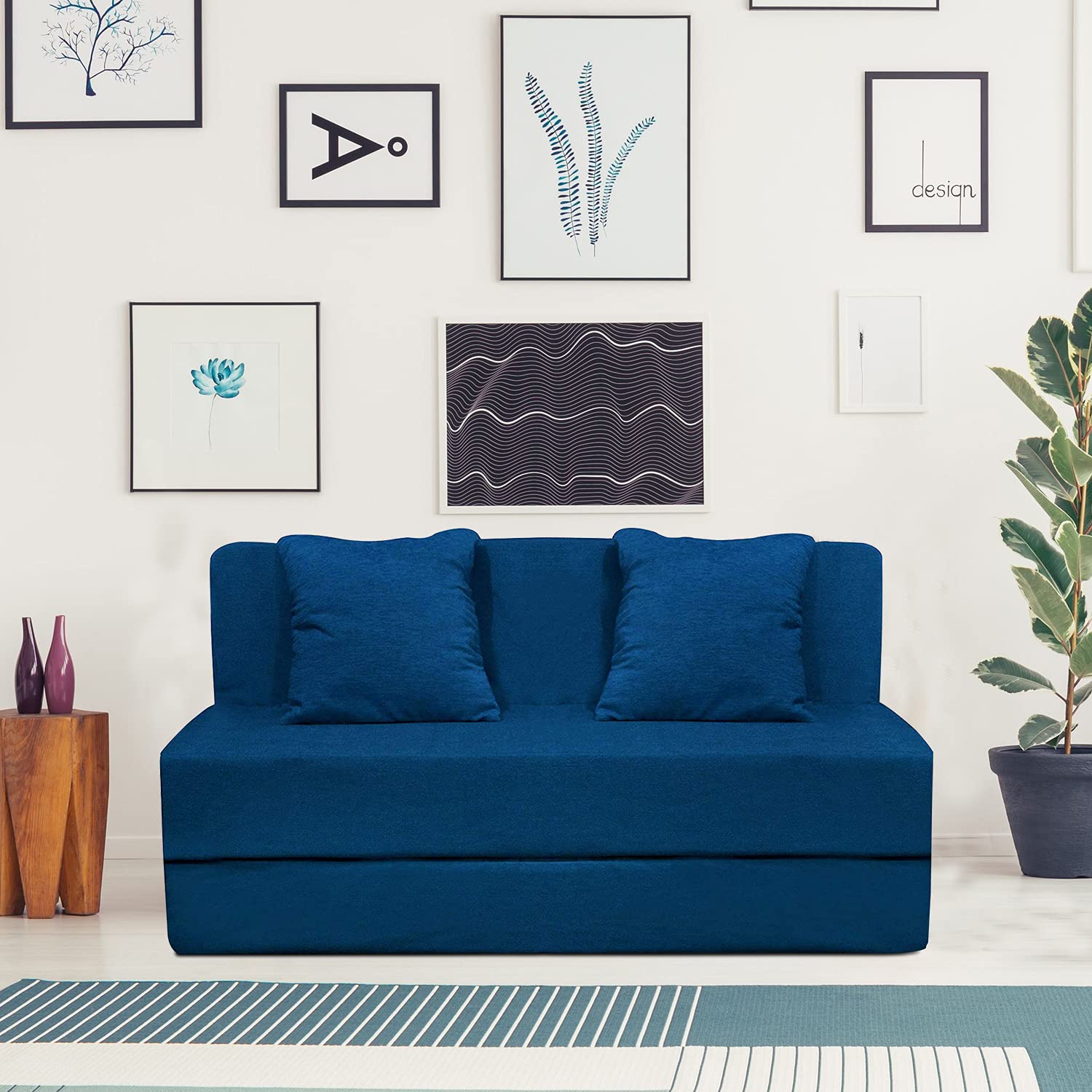 Aart Store 4x6 Feet Sofa Cum Bed Furniture Two Seater with Cushion Perfect for Guest-Blue Color