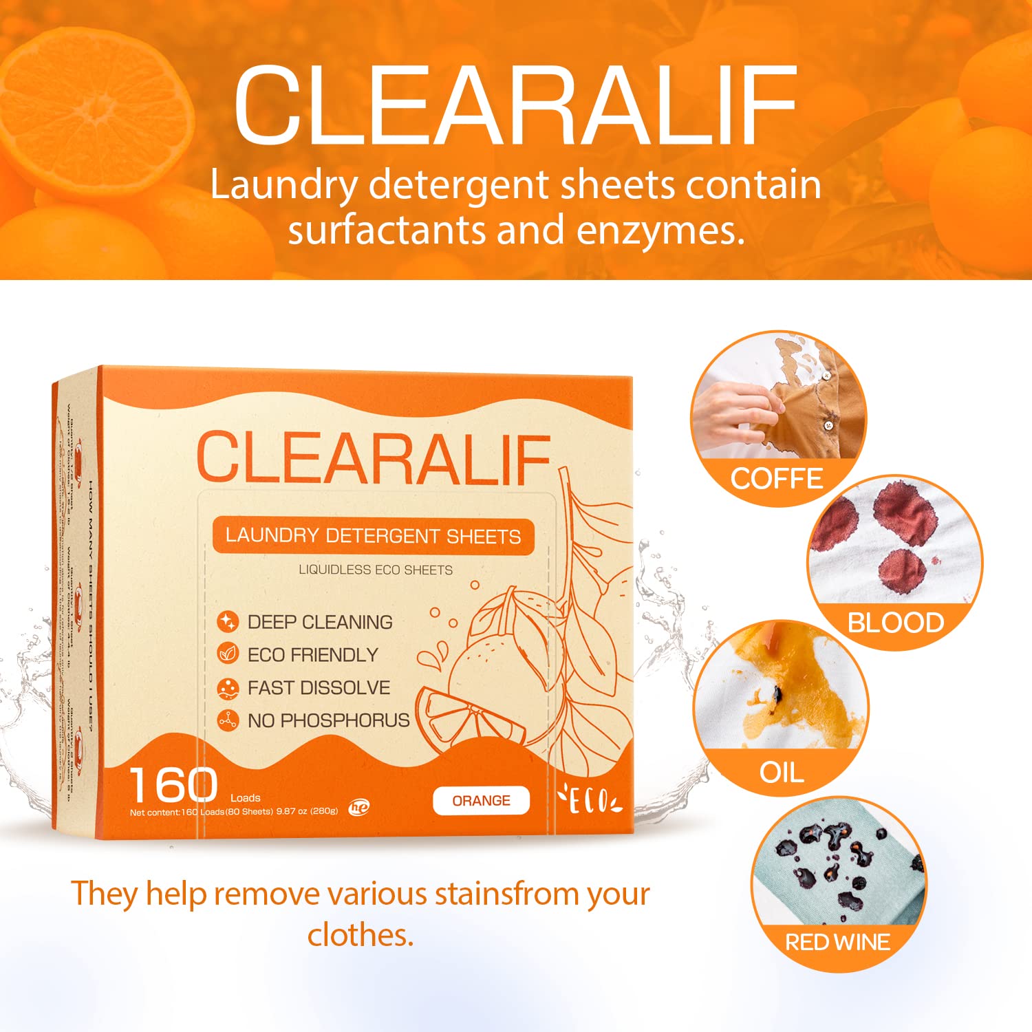 Paquete de 3 hojas de detergente naranja, ideales para viajes, apartamentos, dormitorios, tiras de detergente CLEARALIF - Ecológicas e hipoalergénicas