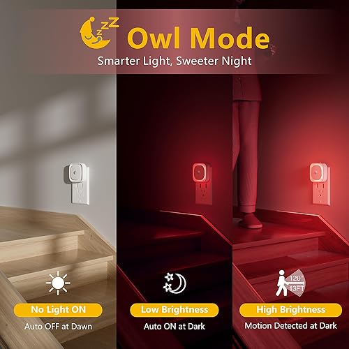 Miniatura 4 de Paquete de 2 luces nocturnas enchufables con sensor de movimiento y sensor de atardecer a amanecer, 3 modos de sensor, luces nocturnas rojas