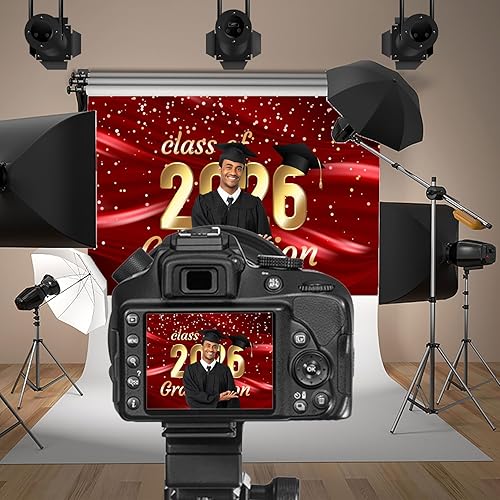 Miniatura 2 de Baocicco Telón de fondo de 7 x 5 pies para fotografía de graduación de la clase dorada de 2025, gorra de soltero negra, tela de seda de lujo roja,