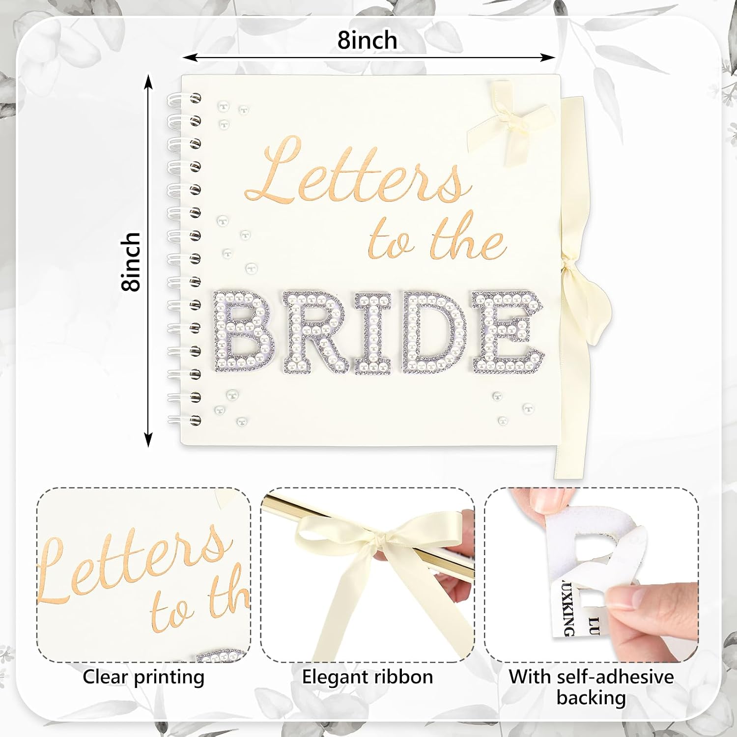 FYSUIMU 8 x 8 Inch Letters To The Bride Scrapbook Wedding Memory Book Beige Bridal DIY Blank Paper Scrapbook Photo Album Guest Book with Gold Foil Letters Pearl Stickers Bows