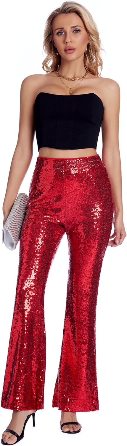 Women’s Sequin Pants Glitter Bell Bottoms Casual High Waist Wide Leg Flare Trousers Party Disco Clubwear - Image 5