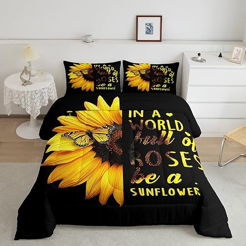 Erosebridal Juego de edredón de girasoles negros tamaño Queen para niñas y mujeres, ropa de cama floral de mariposa amarilla, edredón botánico de