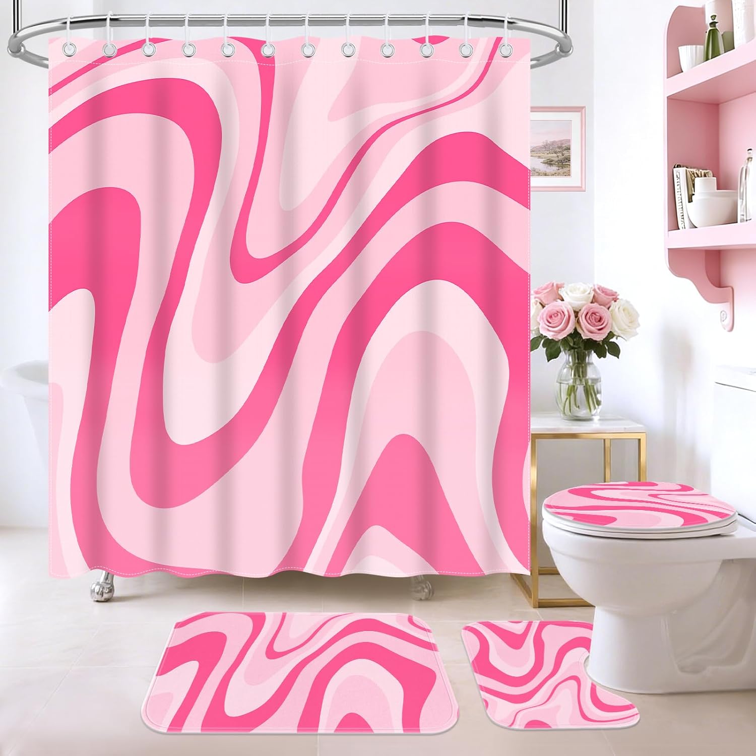4Pcs Pink Shower Curtain Set with Non Slip Rugs,Toilet Lid Cover and Bath Mat Girly Pink Marble Bathroom Set with Hooks Bathroom Decoration Fashion Accessories