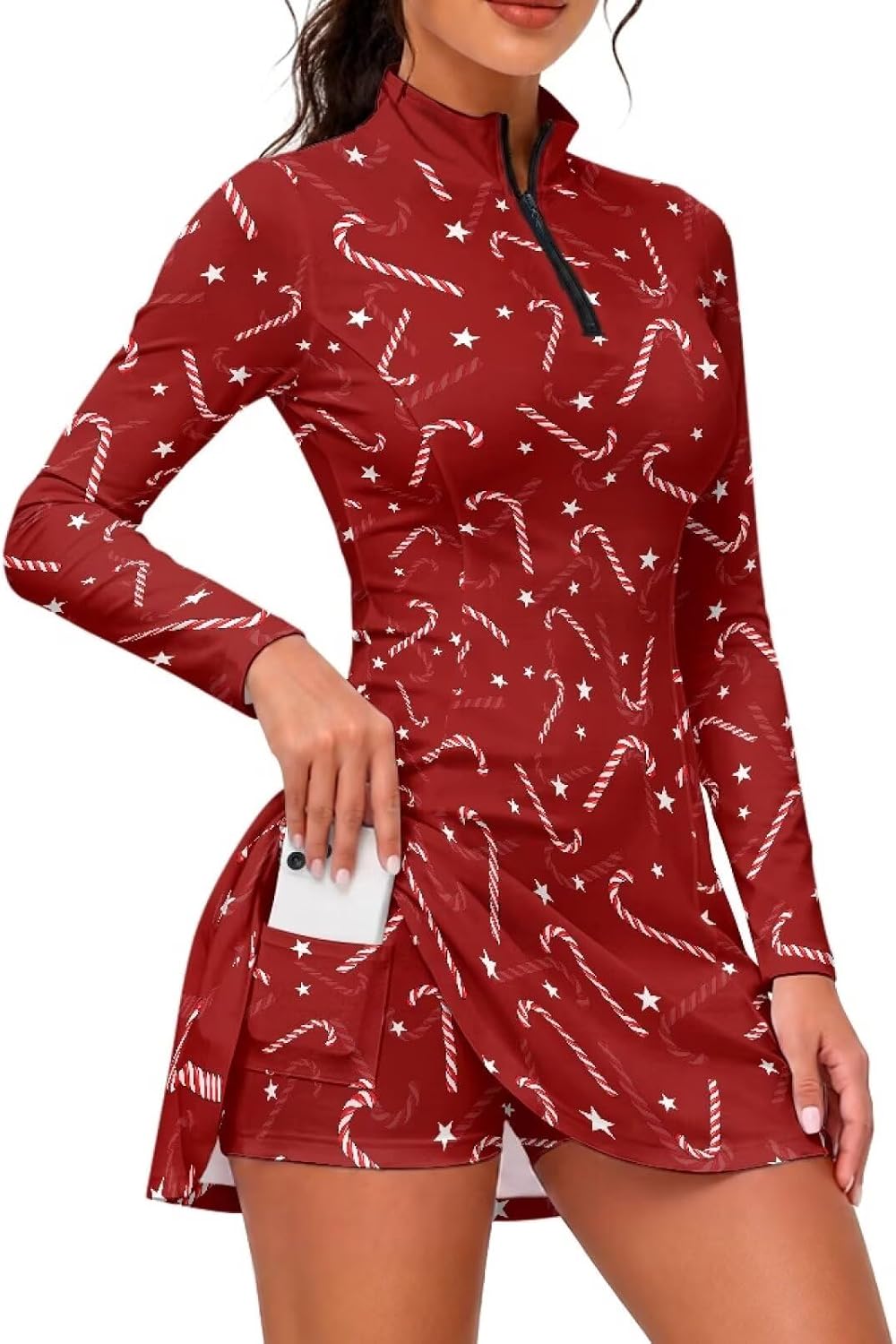 doginthehole Christmas Golf Dresses for Women with Shorts Long Sleeve Tennis Dress 1/4 Zip Up Collar Athletic Dresses