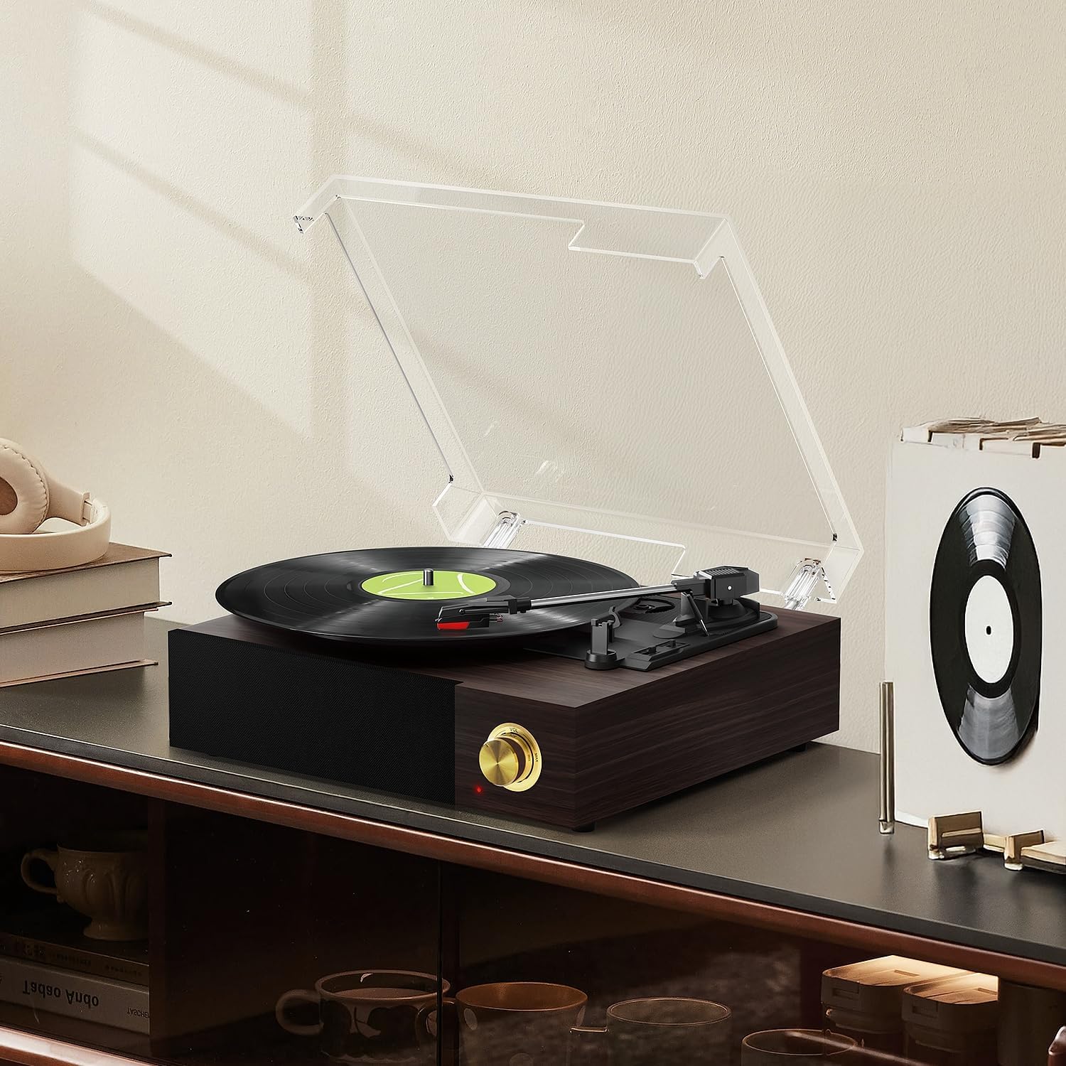 FYDEE Tocadiscos de Vinilo con Altavoces Integrados 6W, Diseño Retro de Madera con Tapa, Reproductor Bluetooth 5.4, 3 Velocidades, Salida RCA para Amplificador Externo, Protección Auto-Stop