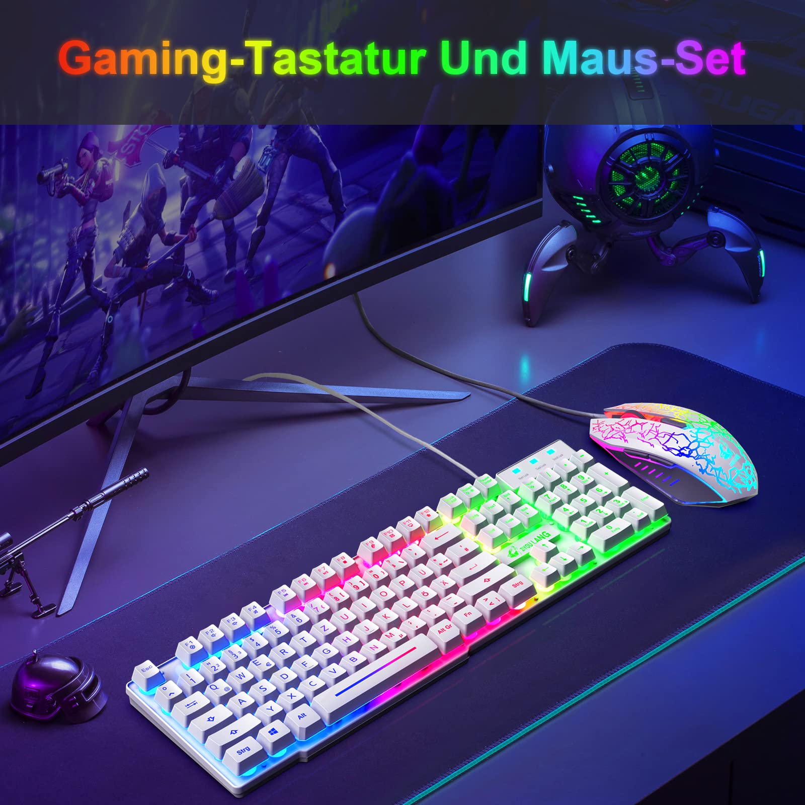 Teclado para juegos blanco con cable con ratón Diseño alemán QWERTZ Teclado con cable Retroiluminación LED RGB 2400 DPI Ratón de 6 botones Teclado y ratón compatible con PC PS5 PS4 Xbox