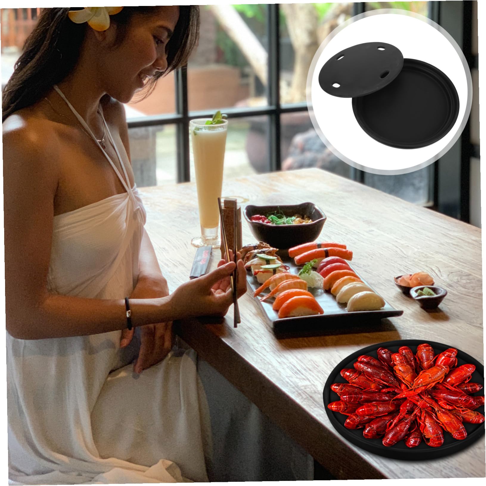 Plato para Servir Sushi Japonés con Diseño Retro Bandeja con Compartimento para Hielo Seco o Cubitos para Restaurantes y Hogar Mantiene de Mariscos y Sashimi