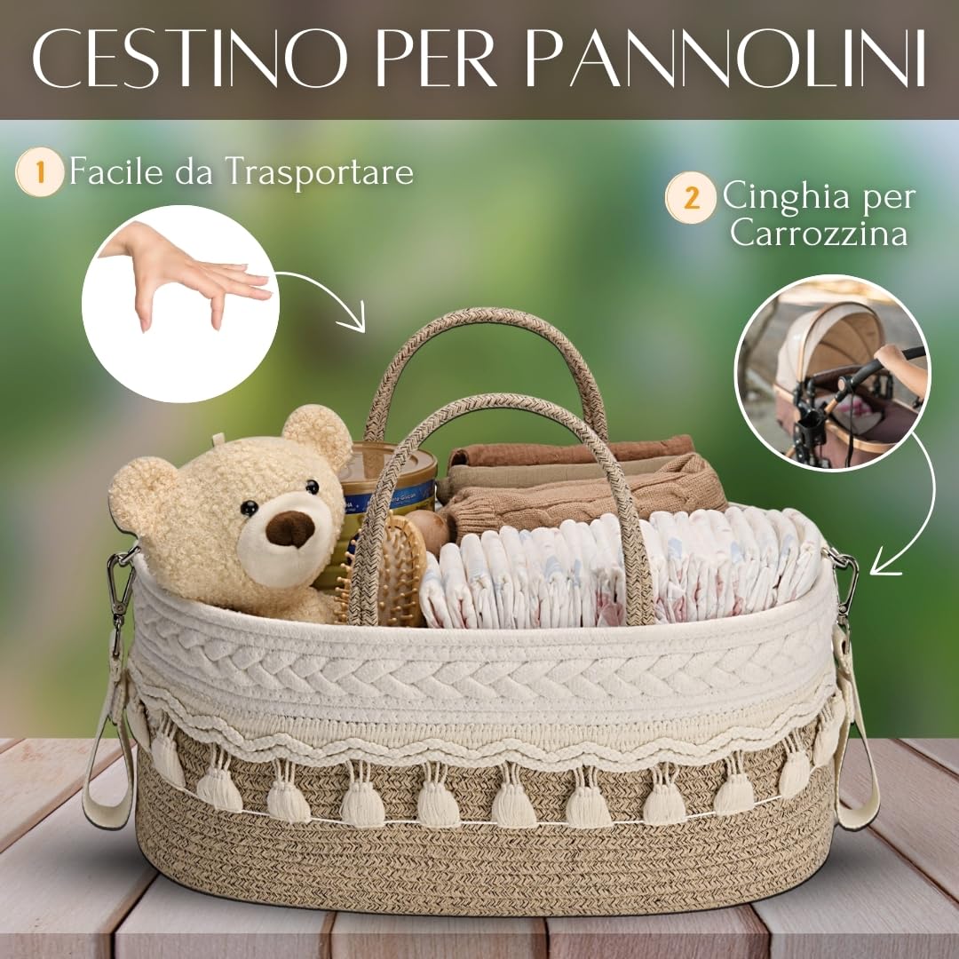 SEBRAM Organizer Fasciatoio per Neonati – Organizer Pannolini Beige Boho, Cesta Fasciatoio Neonato con Tracolla Regolabile & Tasche Termiche/Include maniglie bianche (vedi video)