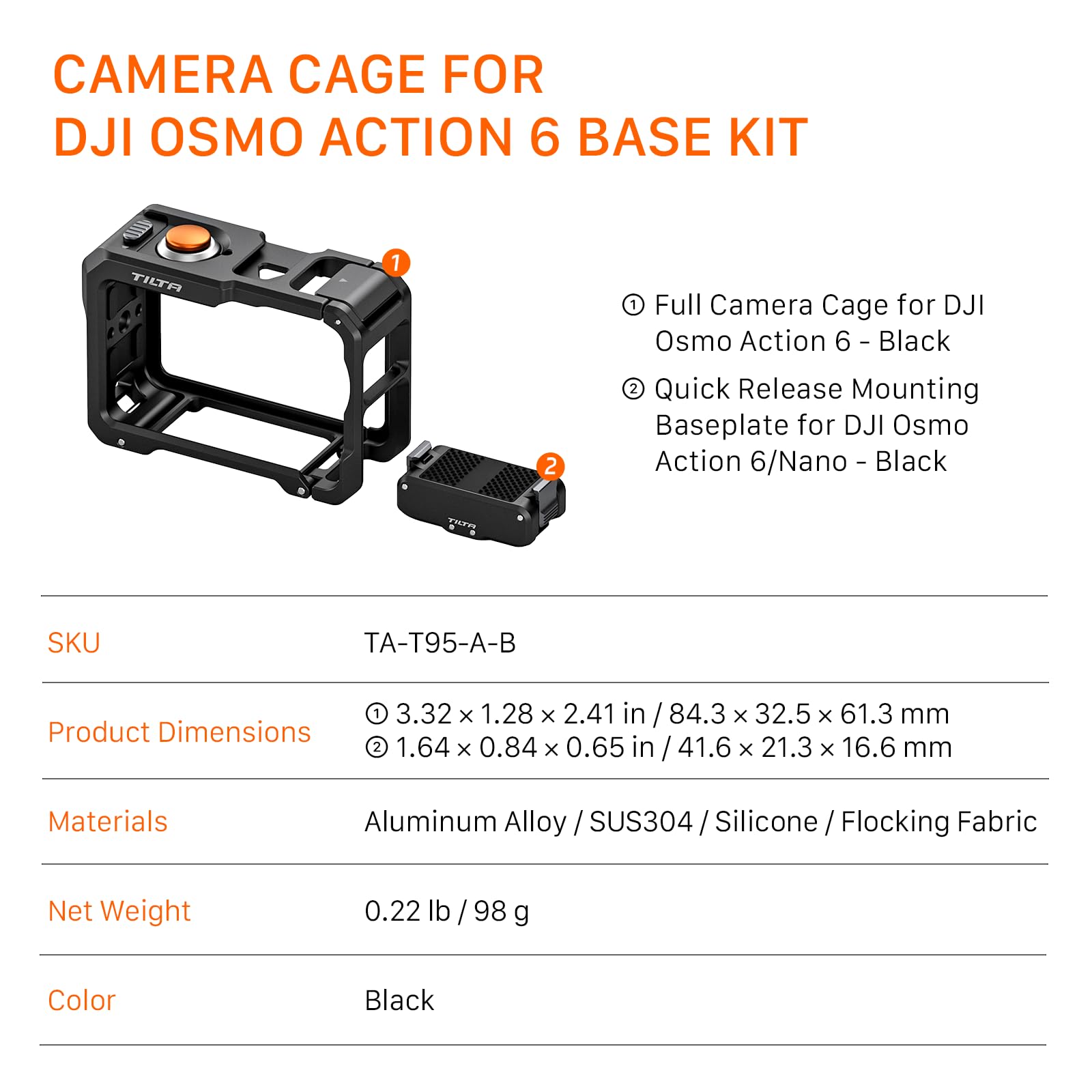 Tilta Action 6 Cage, Kit de Base pour Cage de Caméra Compatible avec DJI Osmo Action 6 avec Plaque de Montage à Dégagement Rapide - Gris Titane TA-T95-A-TG