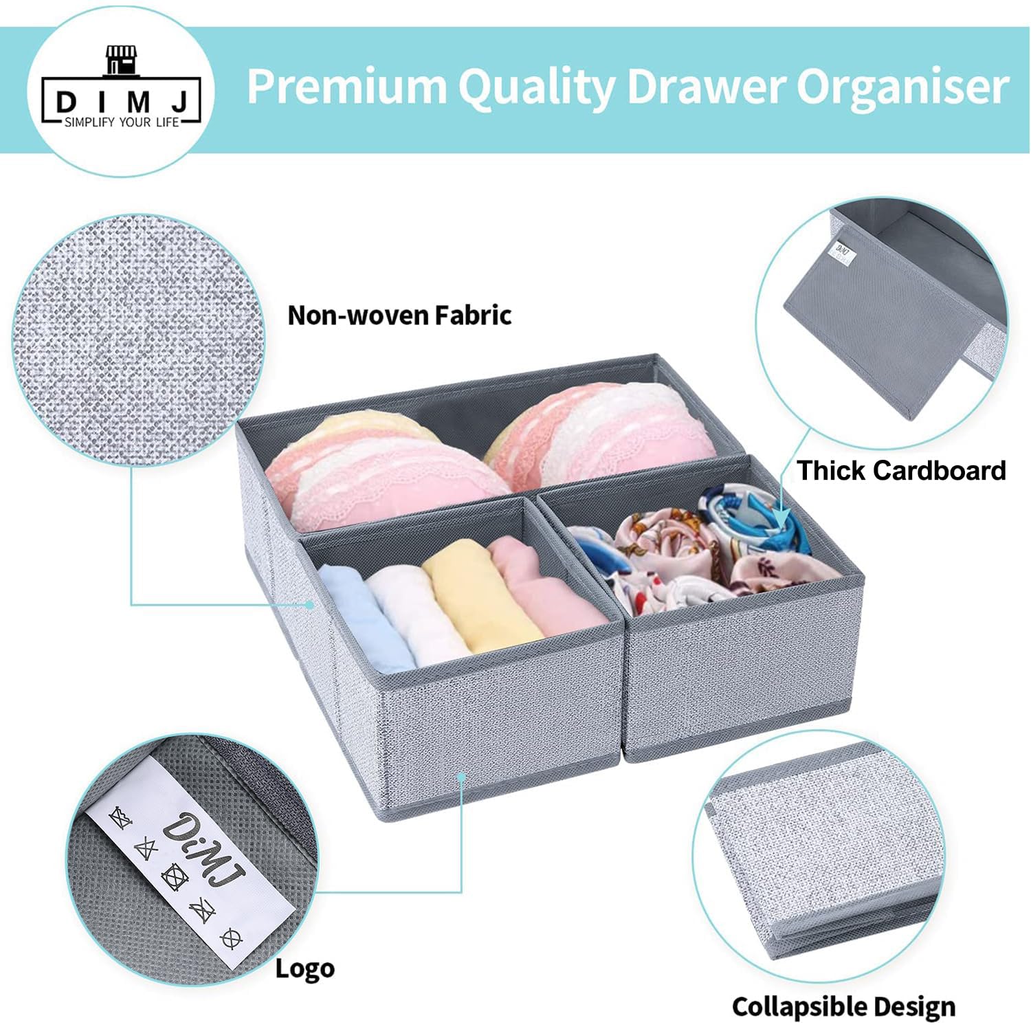 DIMJ 12 Pezzi Set Organizer Cassetti, Non Tessuto Cassetto Organizer, Divisori per Cassetti, Scatola di Immagazzinaggio Pieghevole, Texture Grigio Chiaro