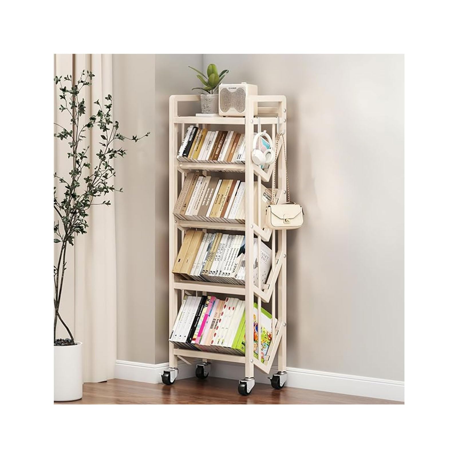 Book Carts with Wheels, Library Rolling Book Cart 2/3/4/5 Tier Movable Bookshelf Mobile Large Capacity L-Shaped Carbon Steel Organizer Rack for Office, Home, Classroom(White,5 Tiers-19.7x9.8x57.7in)