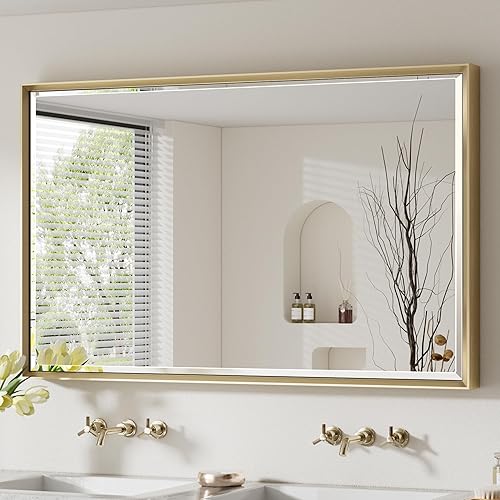 Espejo de baño dorado de 48 x 30 pulgadas, espejo de baño biselado de oro cepillado, espejo rectangular grande con marco dorado inastillable, espejo