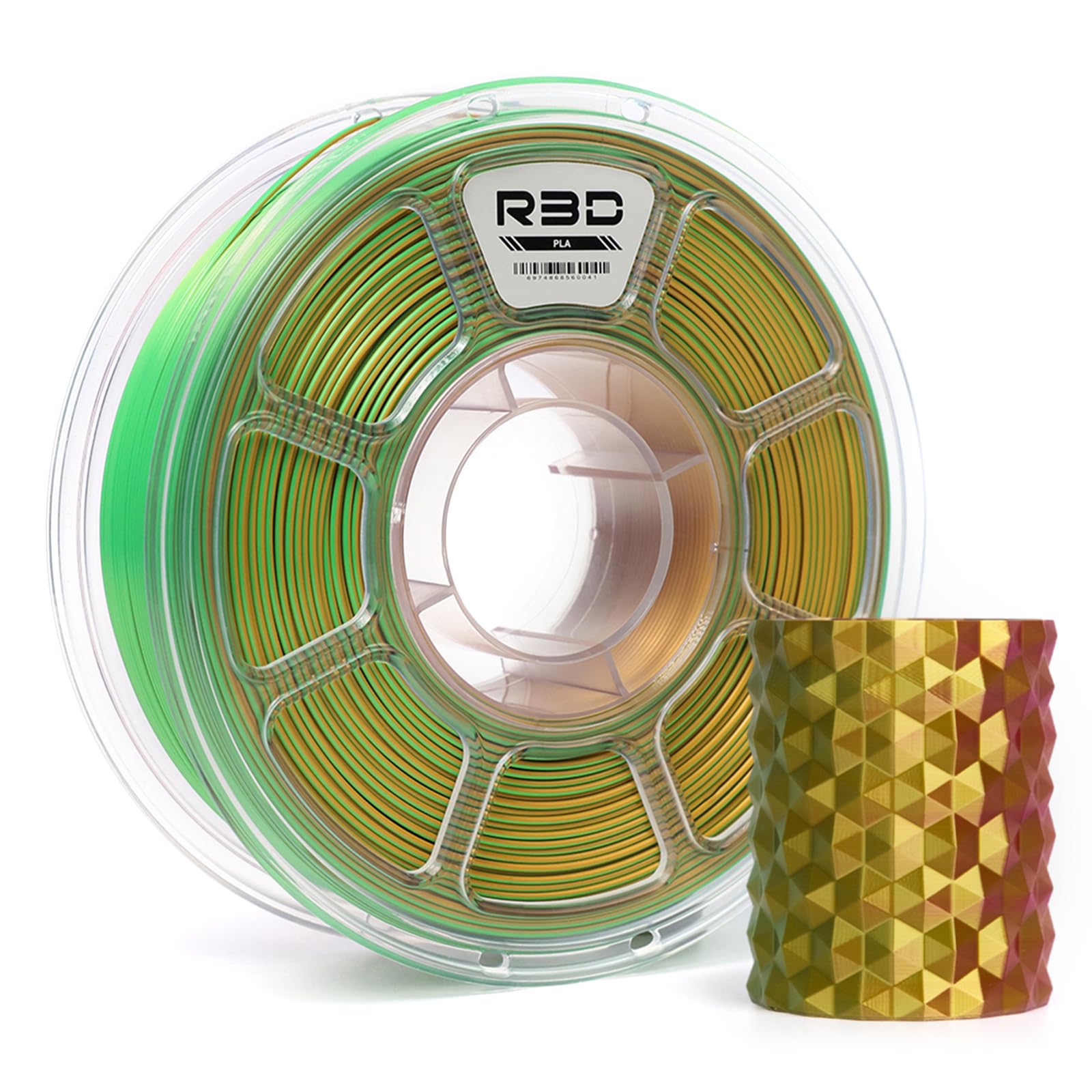 R3D Tri Color Silk PLA Filament, Co-Extrusion 3D Printer Filament 1.75mm, 30-370 mm/s High Speed PLA, Dimensional Accuracy +/- 0.02 mm, 1KG Plastic Spool (Silk Gold-Green-Fuchais)