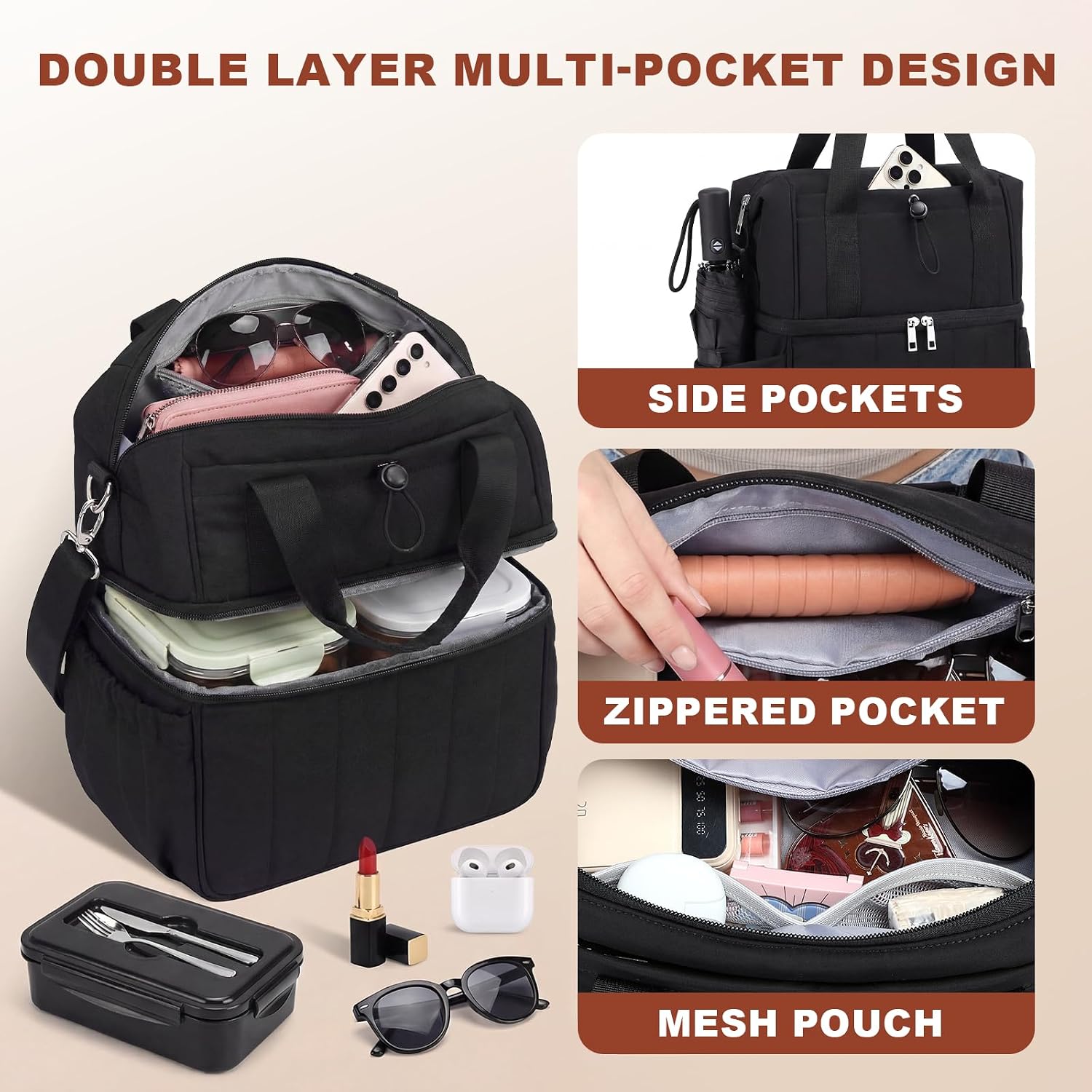 LOIDOU Insulated Lunch Bag for Women Men, Double Layer Leakproof Lunch Box, Quilted Reusable Lunch Tote Bags Large Capacity Work Lunchbox for Adult, Office, Nurse, Teacher