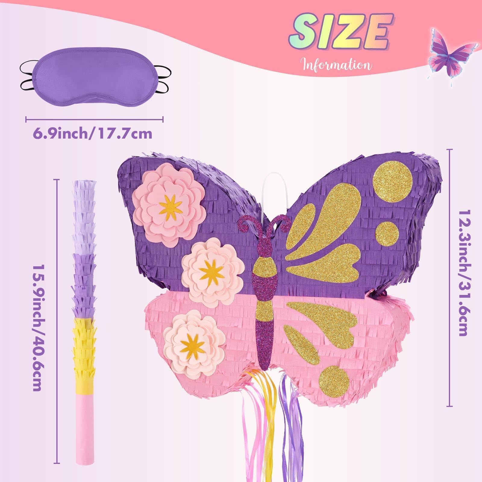 WERNNSAI Farfalla Pinata – farfalla compleanno pinata decorazione ragazza bambini rosa viola fiori piñata con bastone maschera occhi nappa coulisse festa di compleanno decorazione divertente piñata