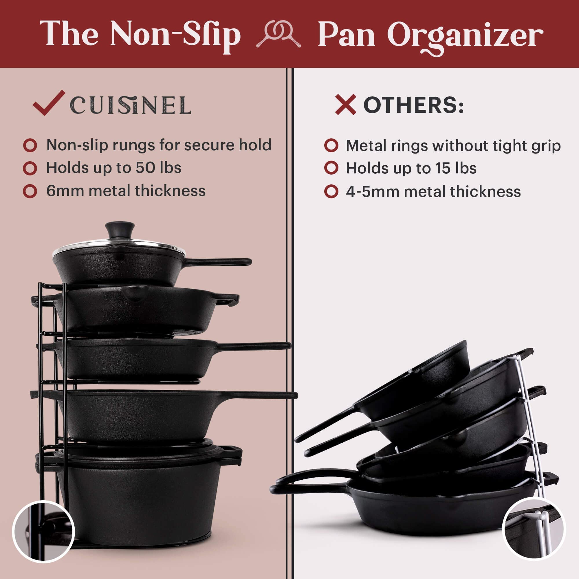 cuisinel Organizer na patelnie – pokryty silikonem, antypoślizgowy, 38 cm, wytrzymały stojak na patelnie, organizer na blaty kuchenne, do przechowywania ciastek, deska do krojenia, żeliwne naczynia