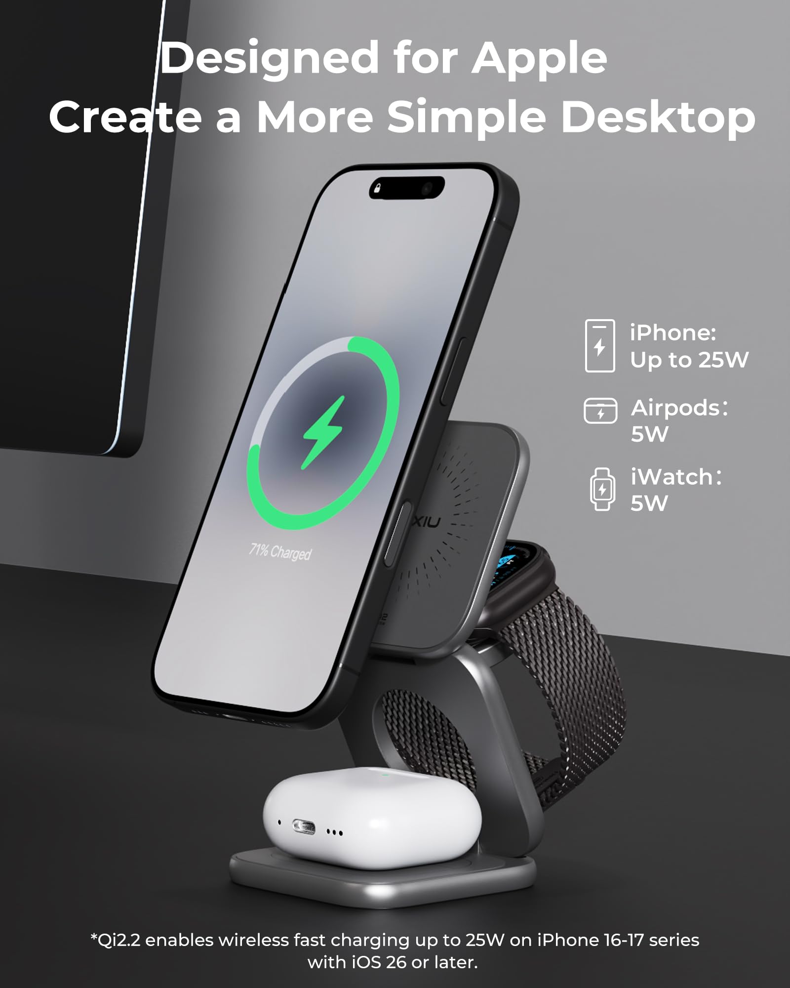 KU XIU X40 Turbo Qi2.2 25W Station de Charge sans Fil Magnétique, Chargeur 3 en 1 Pliable pour iPhone 17–12/Air, 5W pour iWatch Série 11–4/Ultra/SE & Écouteurs sans Fil, Design en Aluminium - Gris