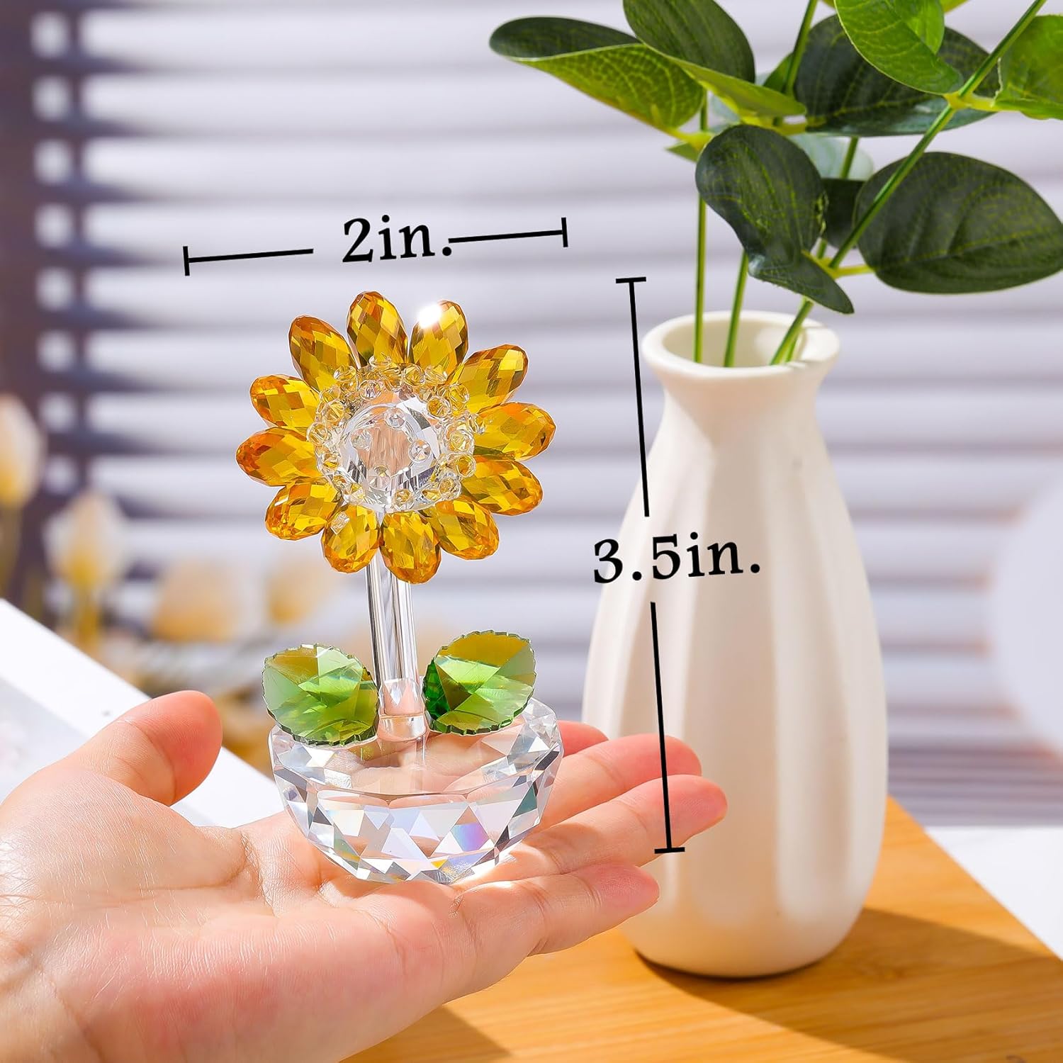 Movdyka Crystal Yellow Sunflower Decor Figurine Unique Gifts for Women Mom Birthday Cute Sun Flowers Home Office Table Decor Collectible Crystal Flower Glass Paperweight - Image 3