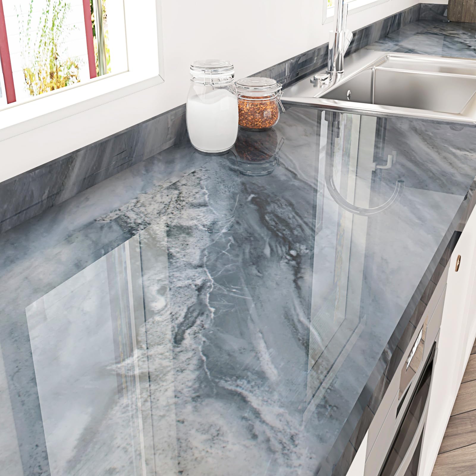 Glossy Blue Marble Contact Paper | Waterproof Peel and Stick Wallpaper | 17.71"x120" Vinyl Wrap for Kitchen Counters & C